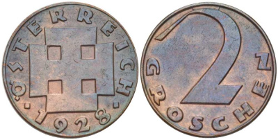 АВСТРИЯ 2 ГРОША 1928 ДОВОЕННАЯ ДЕСЯТИЧНАЯ ЧЕКАНКА KM 2837 бронза 201-213