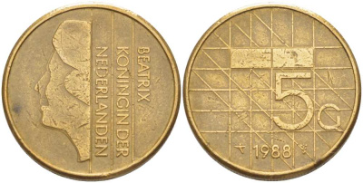 Нидерланды 5 гульденов 1988 Беатрикс (1980-2013) KM 210 никель плакированный бронзой 217-843