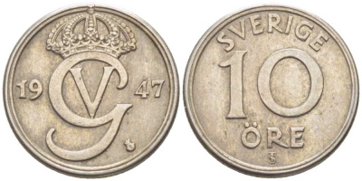 Швеция 10 эре 1947 TS, Густав V (1907-1950) KM 795 никель бронза 116-1167