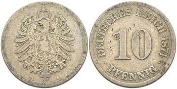ГЕРМАНИЯ 10 ПФЕННИГОВ 1874 А, СТАРОГЕРБОВКА KM 4, J. 4 медно-никель 210-621
