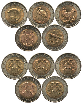 Россия лот из 5 монет по 50 рублей 1993 серия Красная книга, гималайский медведь, туркменский зублефар, кавказский тетерев, дальневосточный аист, черноморская афалина KM 330, 331, 332, 333, 334 биметалл UNC N4-44