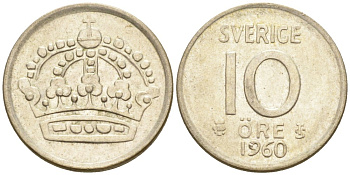 Швеция 10 эре 1960 TS, Густав VI Адольф (1950-1973) KM 823 серебро 192-152