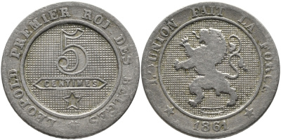 БЕЛЬГИЯ 5 САНТИМОВ 1861 BELGES KM 21 медно-никель 83-1415