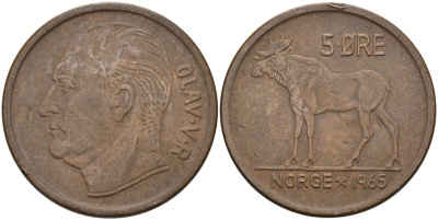 Норвегия 5 эре 1965 ЛОСЬ KM 405 бронза 4572-911