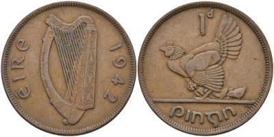 Ирландия 1 пенни 1942 курица с цыплятами KM 11 бронза 4137-713