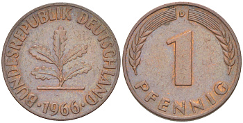 ФРГ 1 ПФЕННИГ 1966 D KM 105, J. 380 сталь плакированная медью 4181-543