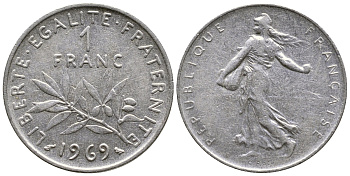 ФРАНЦИЯ 1 ФРАНК 1969 СЕЯТЕЛЬ KM 925.1 никель 59-441