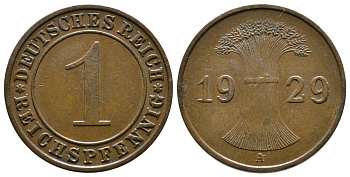 ГЕРМАНИЯ 1 РЕЙХСПФЕННИГ 1929 A KM 37, J. 313 бронза 4380-1151