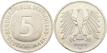 ФРГ 5 марок 1991 D KM 140.1, J.415 медно-никель 4139-125