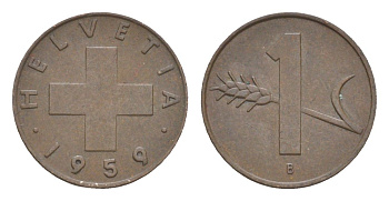 Швейцария 1 раппен 1959 B KM 46 бронза 3458-629