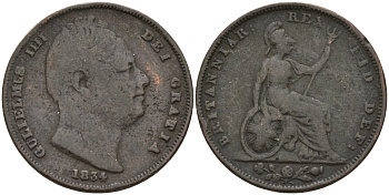 Великобритания 1 фартинг 1834 Вильгельм IV (1830-1837) Spink 3848, KM 705 медь 4146-414