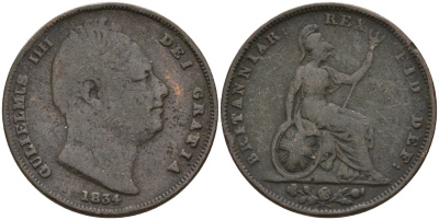 Великобритания 1 фартинг 1834 Вильгельм IV (1830-1837) Spink 3848, KM 705 медь 4146-414