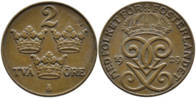 Швеция 2 эре 1929 Густав V (1907-1950) KM 778 бронза 4385-444