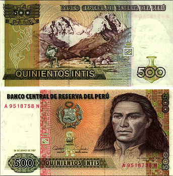 Перу 500 инти 1987 Хосе Габриель, Тупак Амару II, южноамериканский революционер, организатор восстания коренных народов против испанских колониальных властей в перу, альпинисты на восхождении Pick 134b бумага UNC (пресс) 7219-34-3-1