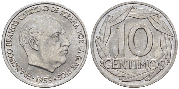 Испания 10 сентимо 1959 Франсиско Франко (1939-1975) KM 790 алюминий 4181-1047