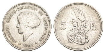 Люксембург 5 франков 1929 Шарлотта (1918-1964) KM 38 серебро 34-926