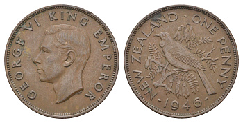 Новая Зеландия 1 пенни 1946 Птица Туи, Король Георг VI (1937 - 1952) KM 13 бронза 4661-323