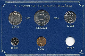 Швеция 5, 10, 50 эре и 1, 5 крон 1976 Карл XVI Густав (1973- ) в картоне набора монетного двора UNC 7-5-7-273