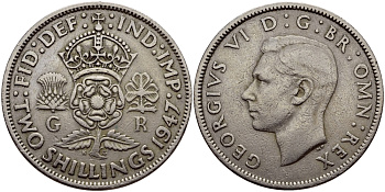 Великобритания 2 шиллинга (флорин) 1947 Георг VI (1936-1952) KM 878, Spink 4107 медно-никель 83-1736