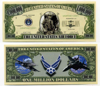 США 1000000 ДОЛЛАРОВ 2001 СУВЕНИРНАЯ БАНКНОТА, СЕРИЯ АМЕРИКАНСКАЯ АРМИЯ, АВИАЦИЯ, ВВС, МЫ У ВАС В ДОЛГУ, ГЛАВНОКОМАНДУЮЩИЙ ДЖ. БУШ, ГОССЕКРЕТАРЬ КОЛИН ПАУЭЛ бумага UNC (ПРЕСС) 8588-66-3-1