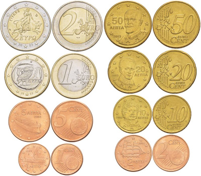 Греция евронабор из 8 монет 2003 (1, 2, 5, 10, 20, 50 евроцентов, 1, 2 евро) KM 181, 182, 183, 211, 185, 186, 214, 188 UNC N6-45