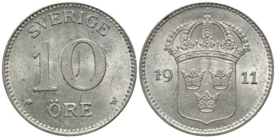 Швеция 10 эре 1911 W, Густав V (1907-1950) КМ 780 серебро 201-1056