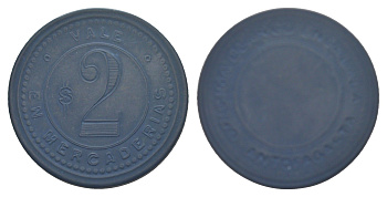 Чили, Энкалада (Encalada), Антофагаста шахтерский жетон с Селитряного рудника для покупки в местных магазинах, номиналом в 2 песо 1880-1920 диаметр 36 мм, вес 3,31 гр Espinosa 44.5 эбонит (синий) 1094-11-53