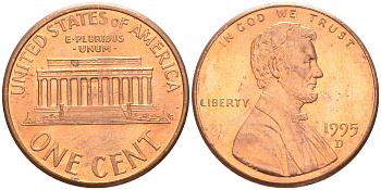 США 1 ЦЕНТ 1995 D ЛИНКОЛЬН KM 201b цинк плакированный медью 188-249