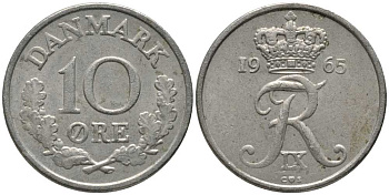 ДАНИЯ 10 ЭРЕ 1965 C; S, ФРЕДЕРИК IX (1947-1972) KM 841.3 медно-никель 116-224