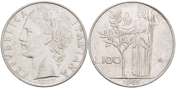 ИТАЛИЯ 100 ЛИР 1965 R, АФИНА У ОЛИВКОВОГО ДЕРЕВА KM 96.1 нержавеющая сталь 4545-634