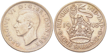 Великобритания 1 шиллинг 1948 Георг VI (1936-1952), Английский герб KM?863, Spink?4103 медно-никель 4128-655