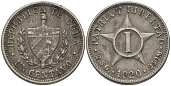 Куба 1 сентаво 1920 звезда, первая Республика (1902-1961) KM 9.1 медно-никель 84-1563