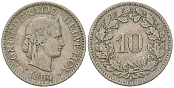 Швейцария 10 раппенов 1884 B KM 27 медно-никель 39-237