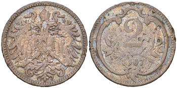 Австрия 2 геллера 1907 Франц Иосиф I (1848-1916) KM 2801 бронза 4613-1149