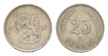 Финляндия 25 пенни 1937 KM 25 медно-никель 4647-455