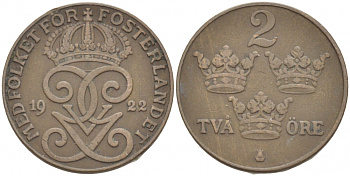 Швеция 2 эре 1922 Густав V (1907-1950) KM 778 бронза 4402-317