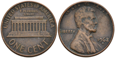 США 1 цент 1962 D, Линкольн KM 201 медь цинк 4564-415