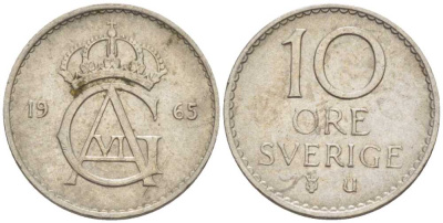 Швеция 10 эре 1965 U, Густав VI Адольф (1950-1973) KM 835 медно-никель 99-766