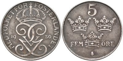 Швеция 5 эре 1950 Густав V (1907-1950) KM 812 железо 4557-732