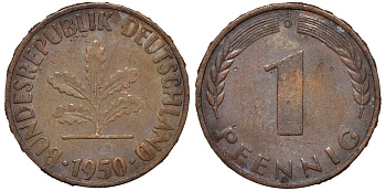 ФРГ 1 пфенниг 1950 F KM 105, J.380 сталь плакированная медью 4174-442