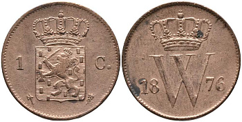 НИДЕРЛАНДЫ 1 ЦЕНТ 1876 ВИЛЛЬЯМ III (1849-1890) KM 100 медь 117-454