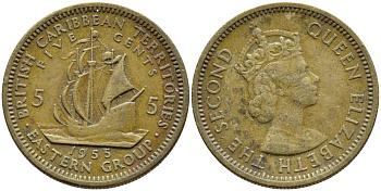 Британские Восточно-Карибские территории 5 центов 1955 Елизавета II (1952-2022), парусник KM 4 никель латунь 89-1141