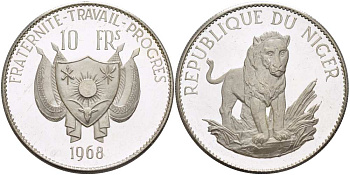 Нигер 10 франков 1968 лев, без черты над Е, в слове Republique KM 8.2 серебро PROOF 02-078-34