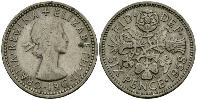 Великобритания 6 пенсов 1958 Елизавета II (1952-2022) KM 903, Spink 4149 медно-никель 4167-1246