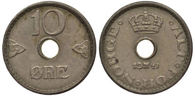 Норвегия 10 эре 1941 Хокон VII (1905-1957) KM 383 медно-никель 4549-952