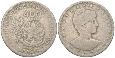 Бразилия 400 реалов 1901 MCMI, голова свободы вправо KM 505 медно-никель 4612-511