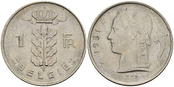 БЕЛЬГИЯ 1 ФРАНК 1951 BELGIE KM 143.1 медно-никель 4546-335