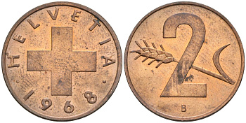 Швейцария 2 раппена 1968 В KM 47 бронза UNC 4573-1132