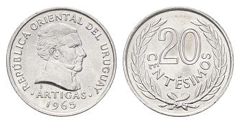 Уругвай 20 сентесимо 1965 год-тип KM 44 алюминий UNC 4173-629