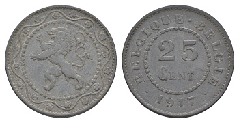 Бельгия 25 сантимов 1917 германская оккупация Первая мировая война, Альберт I (1909-1934) KM 82 цинк 4156-811